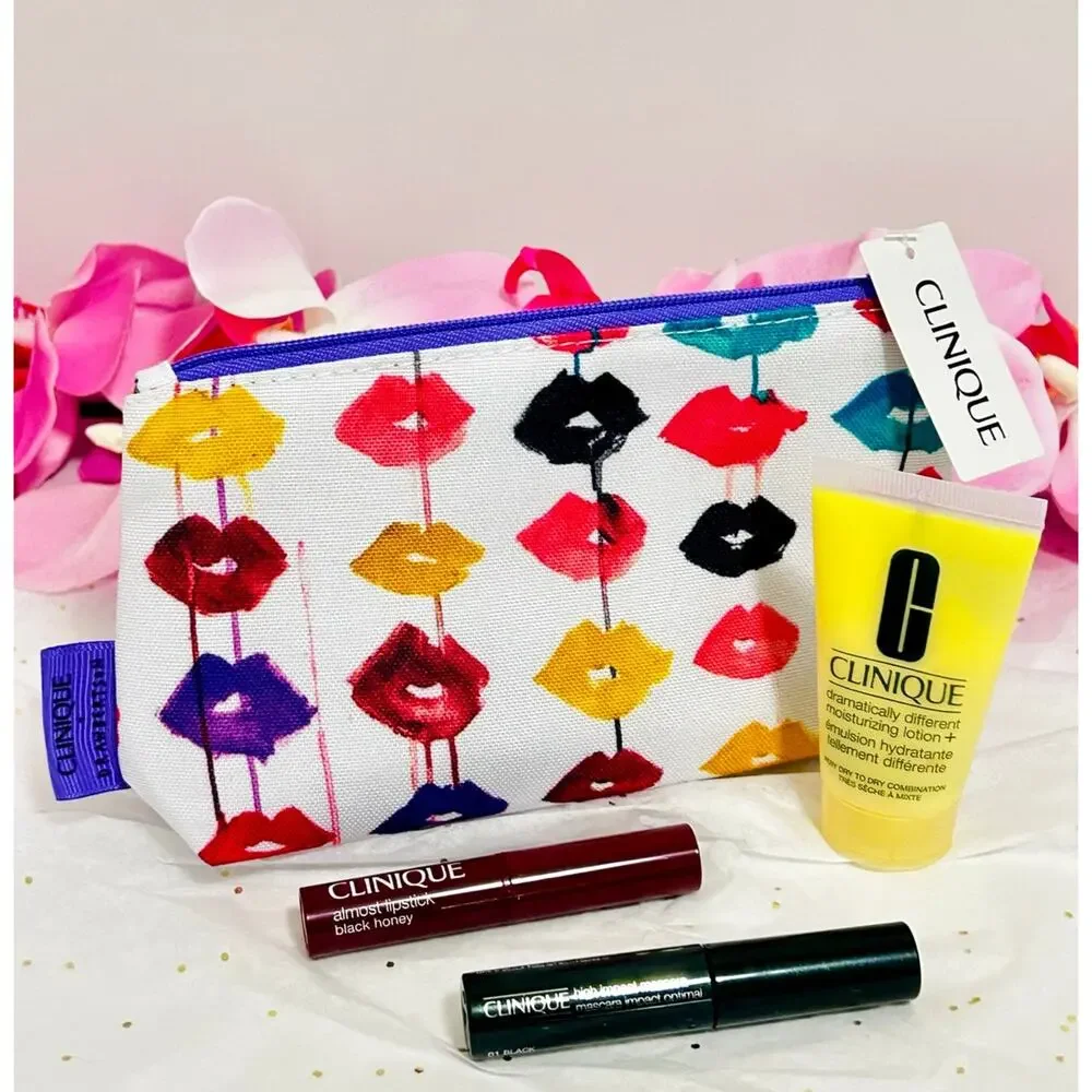 Clinique Beauty Bundle Black Honey Lipstick Mascara Lotion Cosmetic Bag NWT